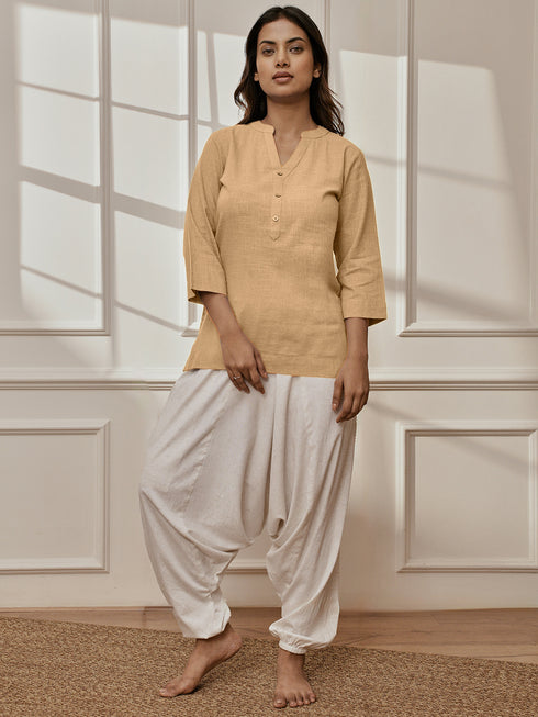 Women's Chiku Cotton Linen Kurta With White Cotton Lycra Harem Pants Yoga Set